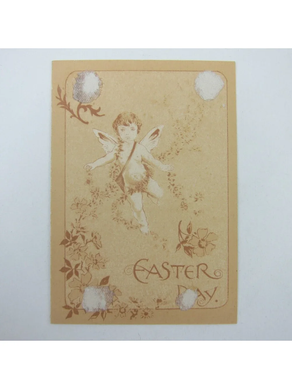 Victorian Greeting Card Easter Green Pink & White Flowers Cherub Angel Antique